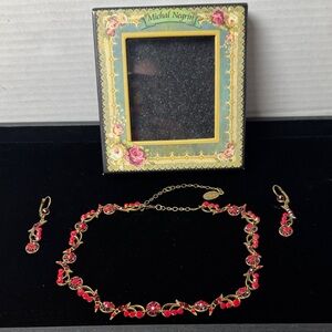 MICHAL NEGRIN Necklace Earring Set in Box Red Crystal Antique Gold Floral Design